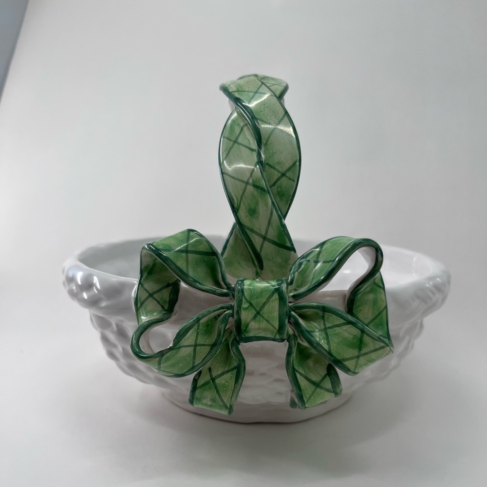 Briggs Pottery White Basket with Green Bow